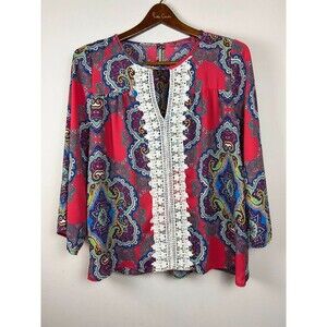 Almost Pink S Paisley Floral Crochet Lace Trim Boho Chic Blouse Keyhole Back Top